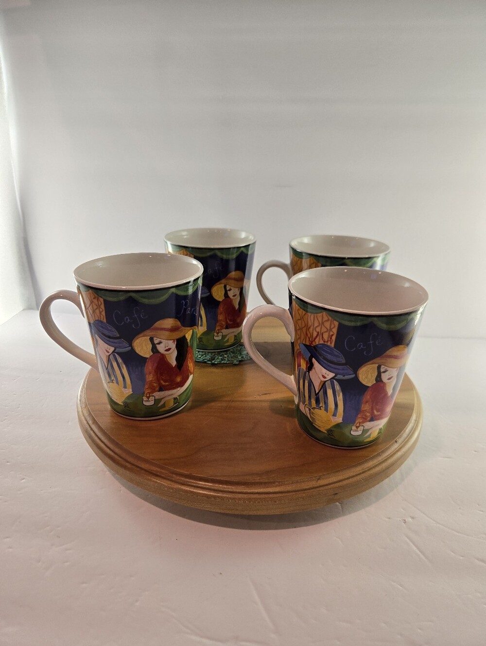 Set of 4 Furio Sango Cafe Paris Flared Coffee Tea Mugs Colorful Bistro Ladies
